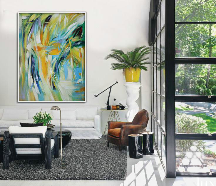 Extra Large Acrylic Painting On Canvas,Vertical Palette Knife Contemporary Art,Hand Paint Abstract Painting,Green,White,Yellow,Blue.etc